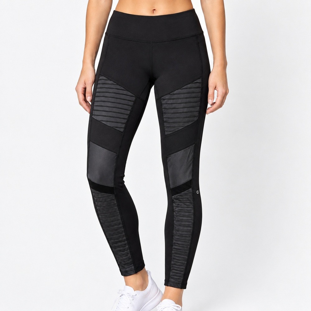 Alo Yoga Moto Leggings Black High Waist Quilted Mesh Panel Athletic Tights Small